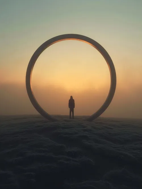 Silhouette of a person surrounded by a large circular object against the backdrop of a sunrise