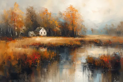Picturesque autumn landscape with a house and a tranquil water body
