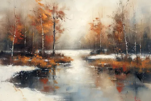 Paisaje de otoño con el reflejo de los árboles en el río contra el fondo de neblina