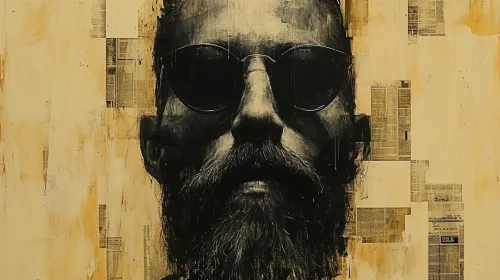 Artistic depiction of a bearded man in black sunglasses against a textured background