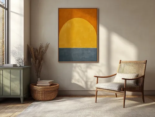 Pintura abstracta con sol amarillo y fondo azul oscuro en una habitación acogedora