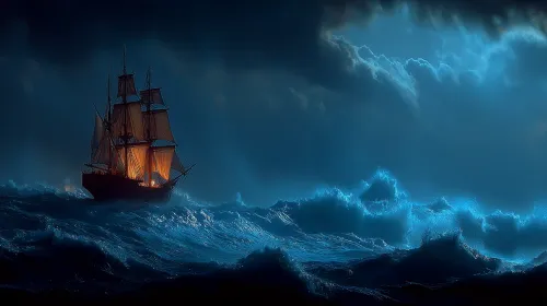 Un antiguo velero en olas turbulentas en un tiempo de tormenta