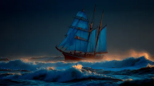 A beautiful image of a sailing vessel navigating the ocean waves at night