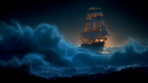 Sailing ship facing powerful waves in a nighttime setting
