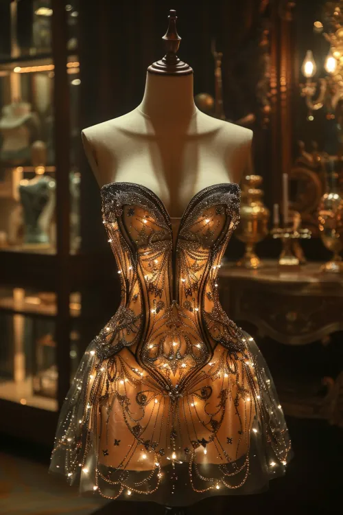 Graceful evening dress adorned with lights, on a mannequin