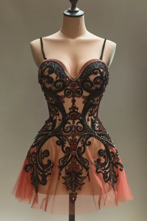 Dress with Shimmering Embroidery and Transparent Skirt in a Unique Style