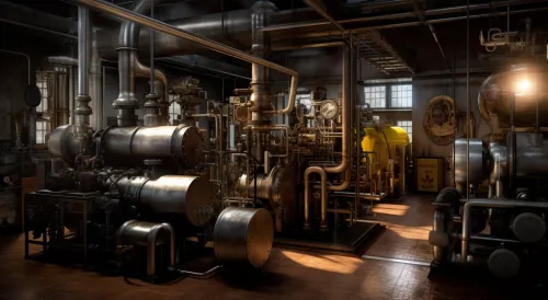 Manufacturing space with metallic machine installations and pipes