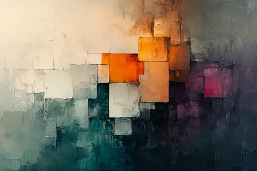 Pintura abstracta estilizada con bloques rectangulares de diferentes colores