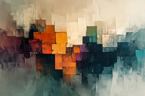 Pintura abstracta con formas cuadradas sobre un fondo de tonos neutros
