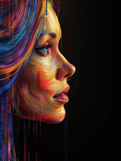 Profile of a woman depicted using colorful patterns and dots