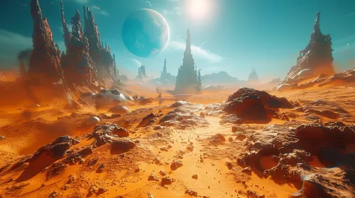 Diverso paisaje alienígena con un cielo brillante y rocas