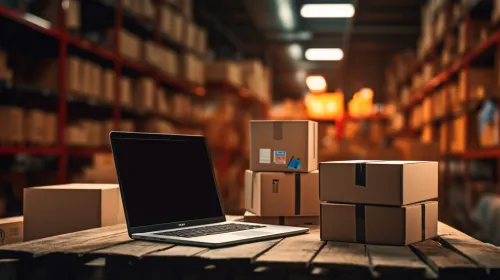 Moderno laptop junto a cajas de embalaje en un entorno de almacén