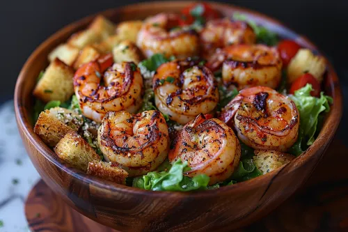 Apetitosa ensalada con camarones salteados, hierbas y crutones