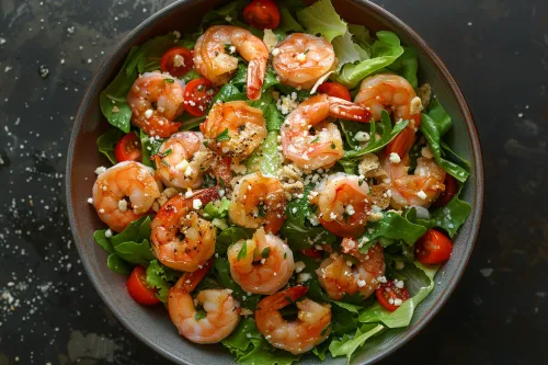 Deliciosa ensalada con camarones, hierbas, tomates y queso