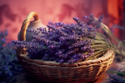 Gathered lavender flowers in a beautiful woven basket
