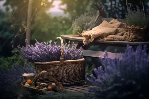Canasta tejida con lavanda frente a un jardín verde
