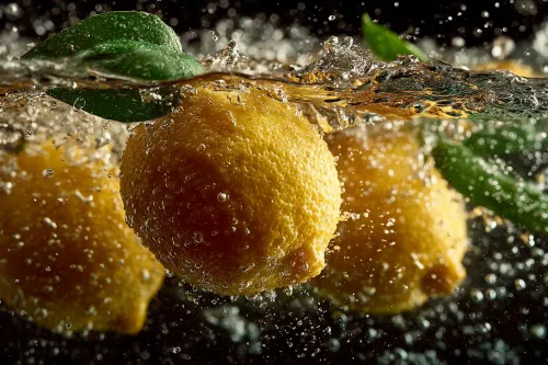 Juicy lemons submerged in water with drops and bubbles