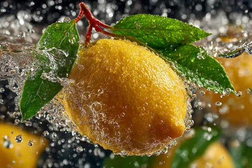 Lemon with leaves surrounded by water and air bubbles