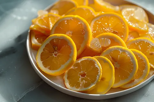 Image of several bright lemon wedges on a flat surface