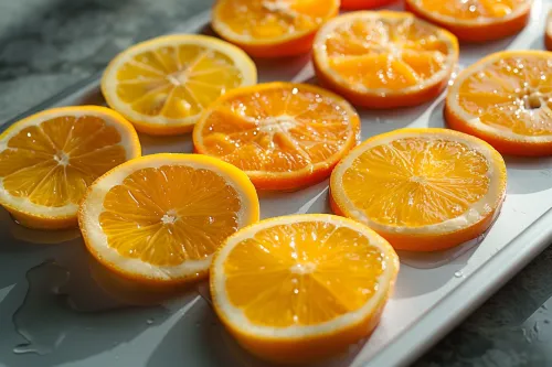 Brillantes rodajas de naranja dispuestas en una bandeja, con burbujas de agua