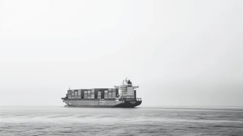 Photo of a container ship against a calm sea under a gray sky