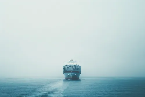Large container ship moving through quiet sea in foggy conditions