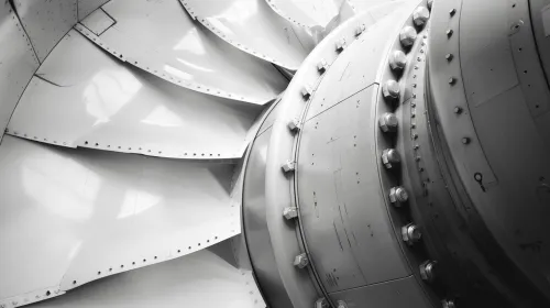 Close-up of aviation turbocompressor parts with visible blades and fittings