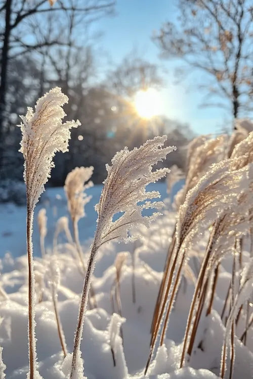 Hierbas nevadas cubiertas de escarcha iluminadas por el sol de invierno