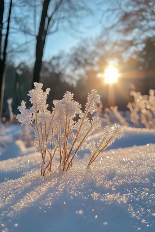 Beautiful winter landscape with frost and rising sun