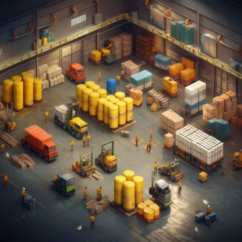 Warehouses with trucks, forklifts, and workers in orange vests