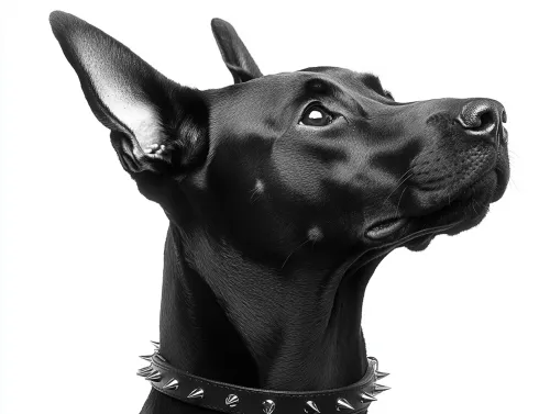 Elegante retrato de un perro negro con orejas puntiagudas y un collar de pinchos