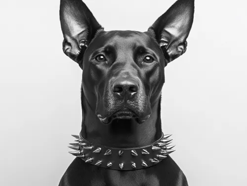 Retrato de un perro negro con collar de pinchos sobre un fondo blanco