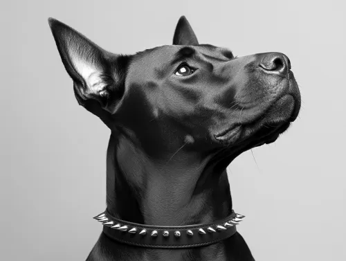 Retrato de un perro negro con un collar con púas en el cuello