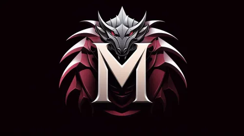 Emblema con dragón y letra M sobre fondo oscuro