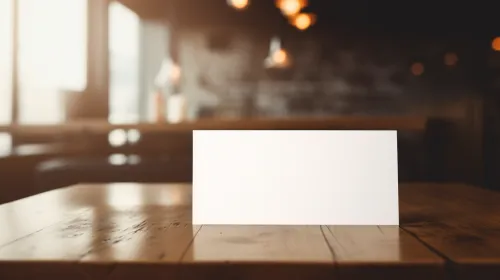Tarjeta blanca vacía sobre una mesa con textura de madera en un café