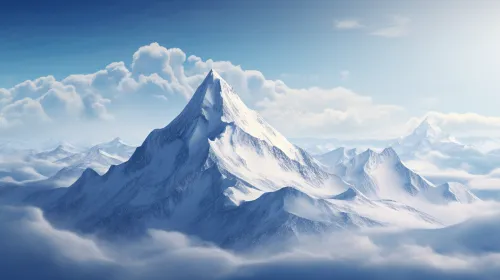 Cumbres nevadas de montañas, rodeadas de nubes y un cielo despejado