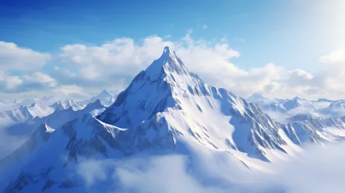Snow-Capped Mountains with a Bright Blue Sky and Clouds