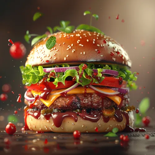 Apetitosa hamburguesa con ingredientes inusuales y verduras frescas