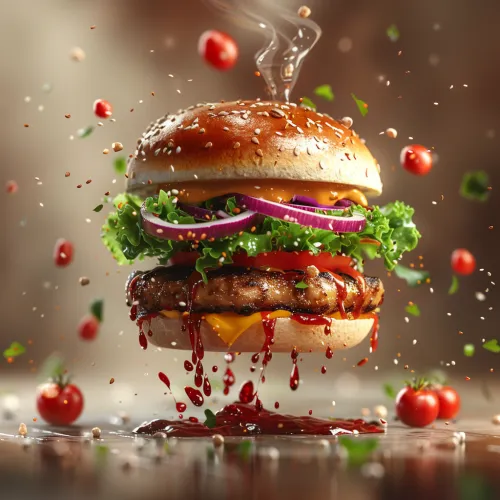 Hamburguesa con una carne jugosa, verduras frescas y salsa frente a tomates difuminados