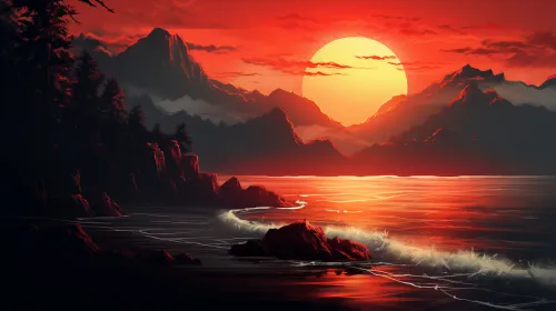Hermosa panorámica del atardecer con montañas y mar