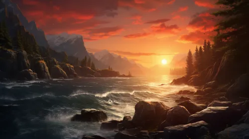 Picturesque sunset with reflection in the water and mountains in the background