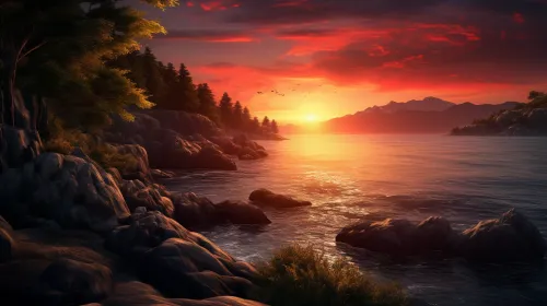 Picturesque sunset with bright colors over a body of water and mountains