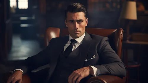 Stylishly dressed man sitting in a leather chair in a comfortable setting