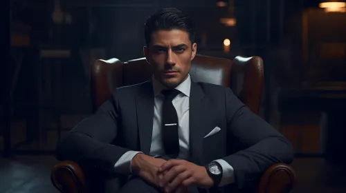 Hombre en elegante traje negro sentado en una silla de cuero