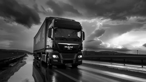 Black and white MAN truck driving on a rainy road