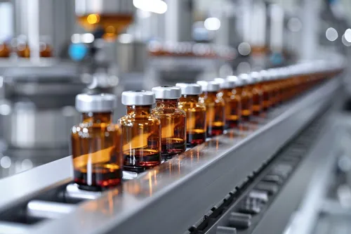 Vials on a conveyor in pharmaceutical manufacturing