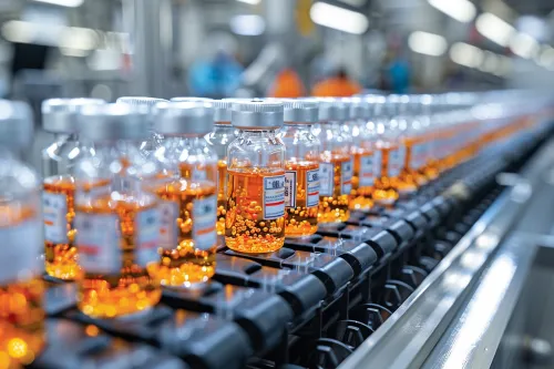 Muestra de ampollas con líquido naranja en la fábrica de producción de medicamentos
