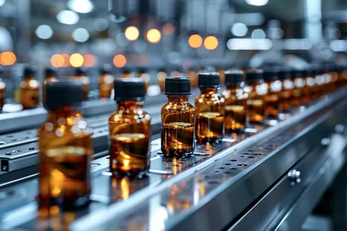Botellas claras con líquido en una cinta transportadora en una sala de producción