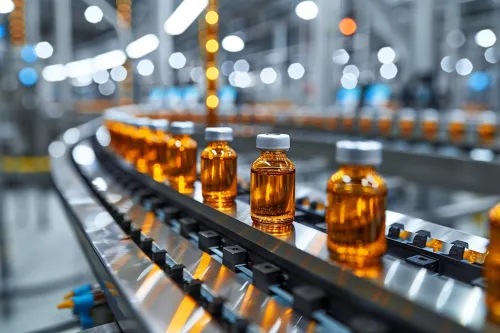 Botellas de plástico con medicamentos en una cinta transportadora de la fábrica