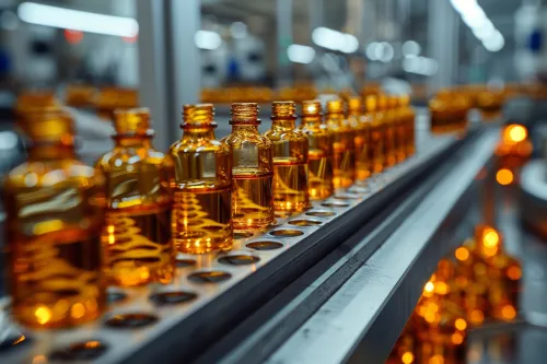 Botellas de vidrio con líquido en una cinta transportadora en la fábrica